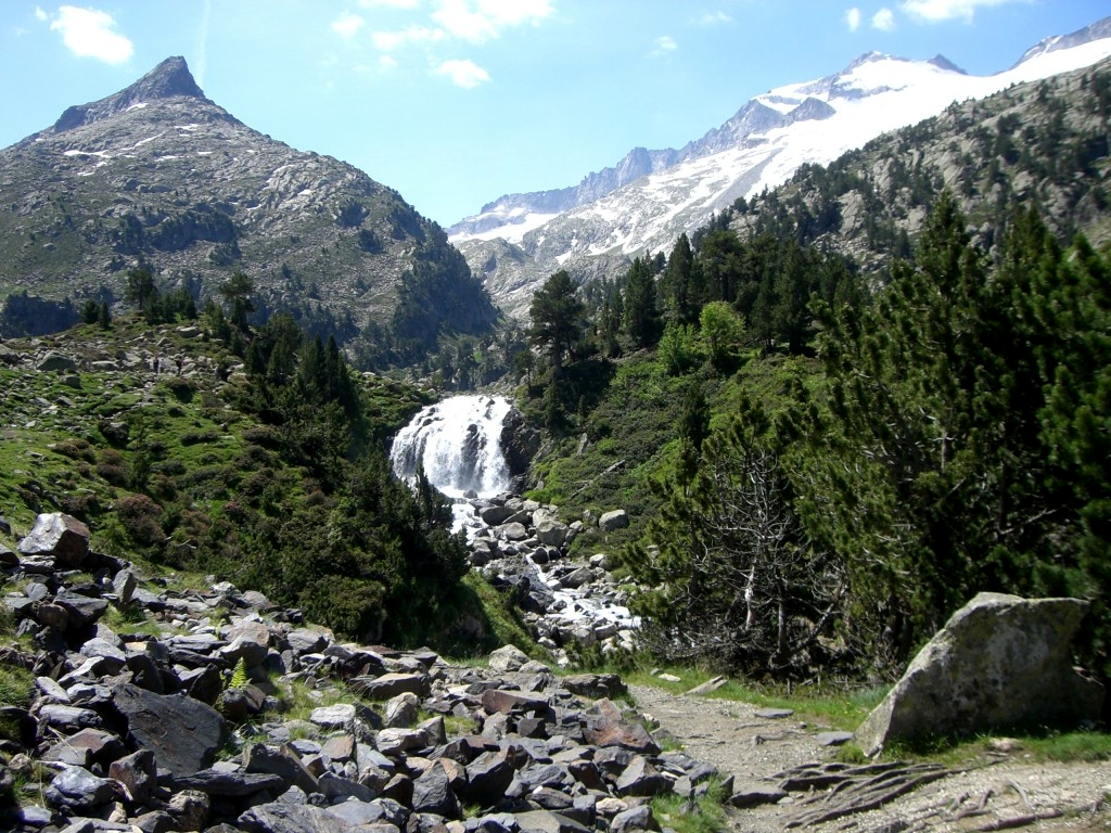 Cascada de Aiguallut, con la Tuca de Aiguallut a la izq. y el Aneto a la dcha.