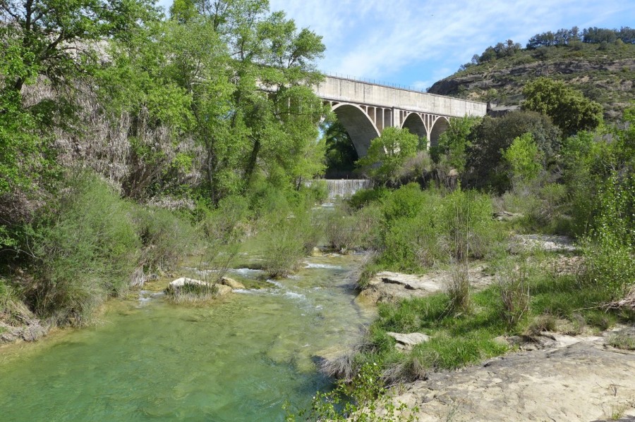 El río Vero con el acueducto del Canal del Cinca sobre el río Vero al fondo.