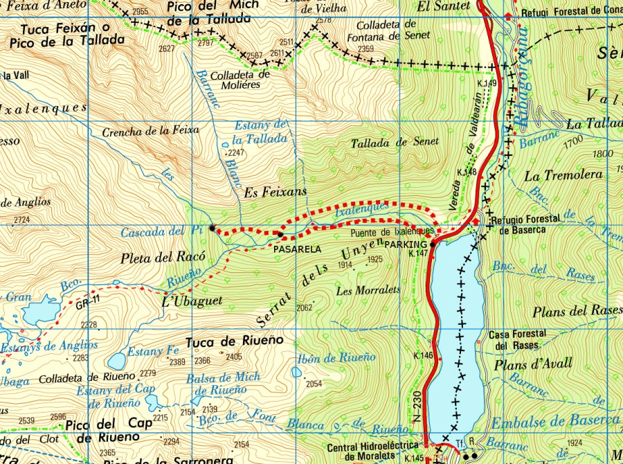 Ruta hayedo de Salenques y Cascada del Pi sobre mapa del I.G.N.