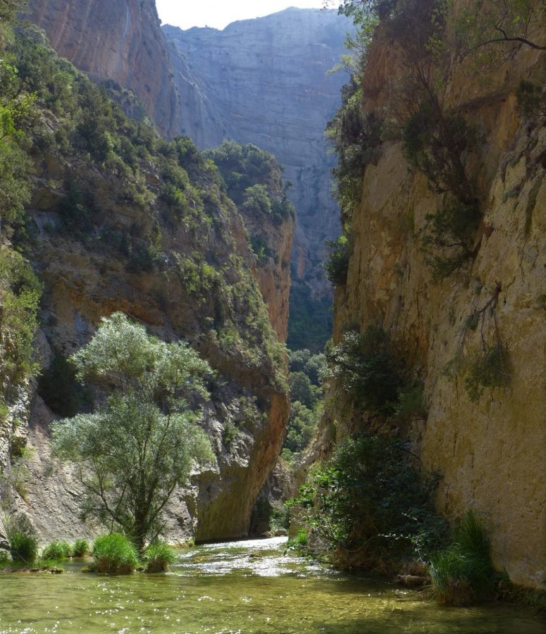 Tramo del río Flumen que es necesario remontar a pie por el cauce. Al fondo la imponente pared de piedra que conforma la Peña Men o de Aman