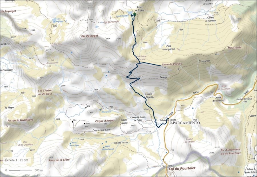 Ruta al Lac de Pombie sobre carta del IGN obtenido del Geoportail France.